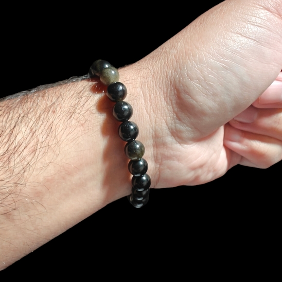 Gold Obsidian Bracelet Natural Stones 8mm Unisex Stretch Bracelet - Picture 4 of 5